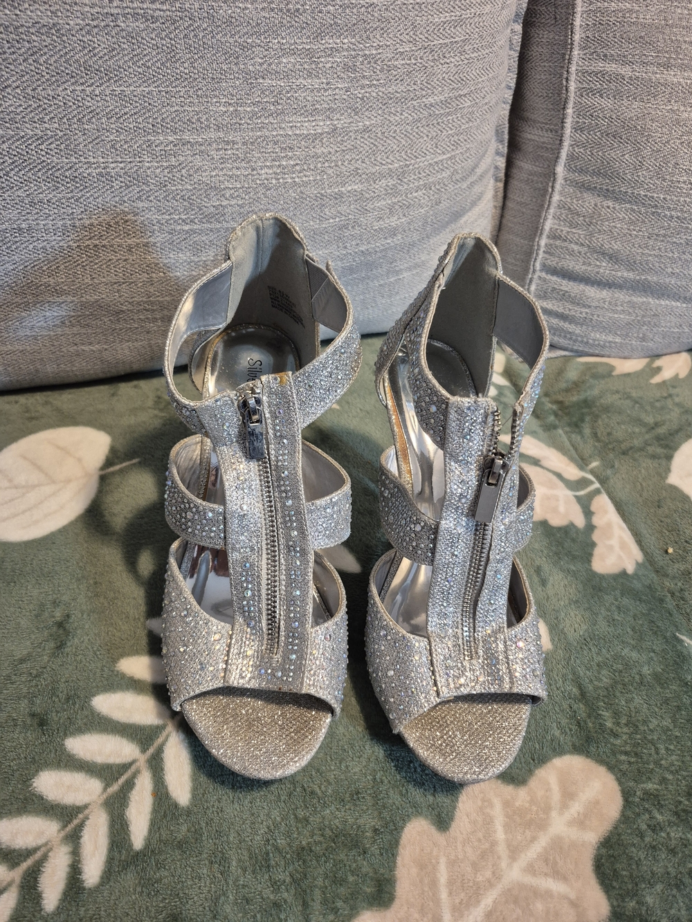 Sparkling Silver Strappy High Heels with Front Zip